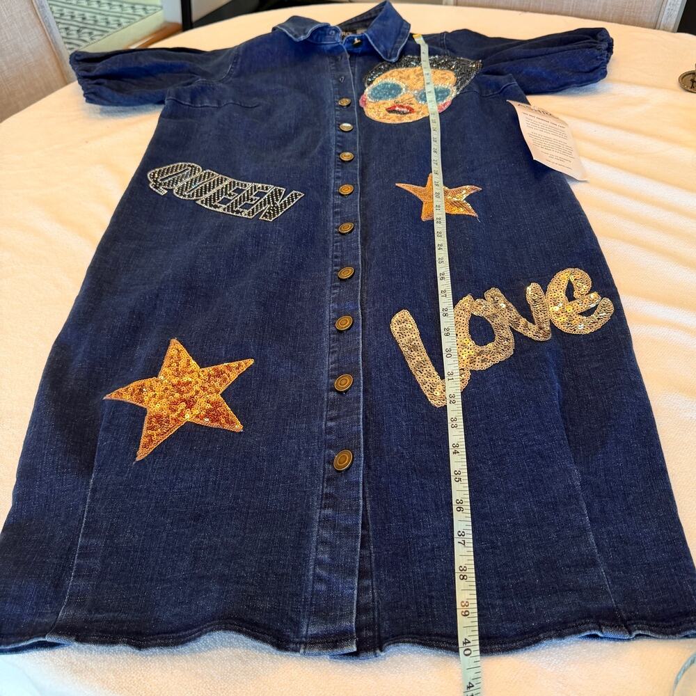 Ashro Graffiti Sequin Blue Denim Slouch Statement Dress Small NWT